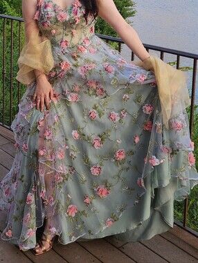 Fairycore Sage Green Floral Prom/Formal Dress